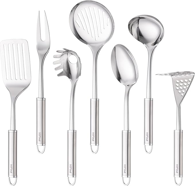 Stainless Steel Cooking Utensils 7PCS Kitchen Utensils Set, Heat Resistant Handle Utensils Set Included Ladle, Meat Fork, Slotted Spatula, Pasta Fork, Masher, Solid Spoon, Skimmer Spoon