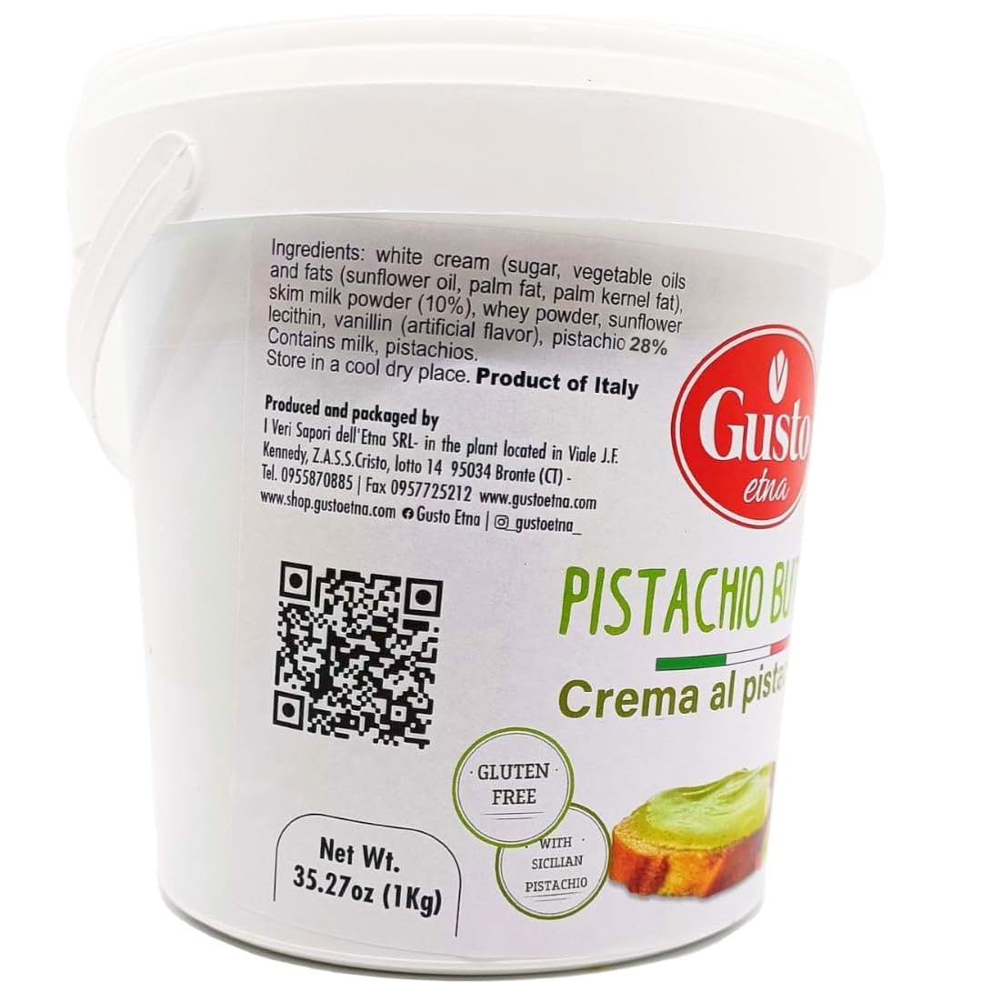 GUSTO ETNA Pistachio Cream, Sweet Nut Butter, Bulk Tub, Rich & Nutty filling for Knafeh Pistachio Chocolate Bars, Sweet Pistachios Spread, Pistachios Paste & more Product of Sicily, Italy, 2.2 LB (1 Kg)