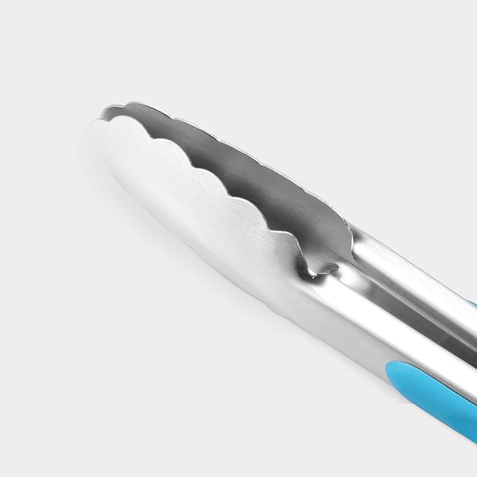 304 Stainless Steel Kitchen Cooking Tongs,9" and 12" Set of 4 Sturdy Grilling Barbeque Brushed Locking Food Tongs with Ergonomic Grip, Blue