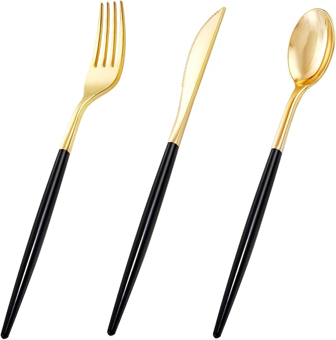 I00000 60 Pack Gold Silverware Set with Black Handle,Heavy Duty Black Plastic Cutlery Include 20 Forks 20 Knives 20 Spoons, Plastic Utensils Set for Party