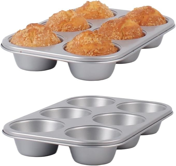 Nonstick jumbo Muffin Pans 6 Cups，2 Pack Extra Large Cupcake Tins for Baking，Premmium Non-stick Coating for Non-Toxic,Heavy Duty Carbon Steel, 3.5 dia,Deep Muffin Tray