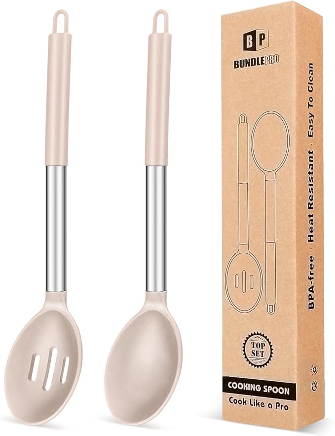 Pack of 2 Large Silicone Cooking Spoons,Non Stick Solid Basting Spoon,Heat-Resistant Kitchen Utensils for Mixing,Serving,Draining,Stirring (STAINLESS STEEL KHAKI)