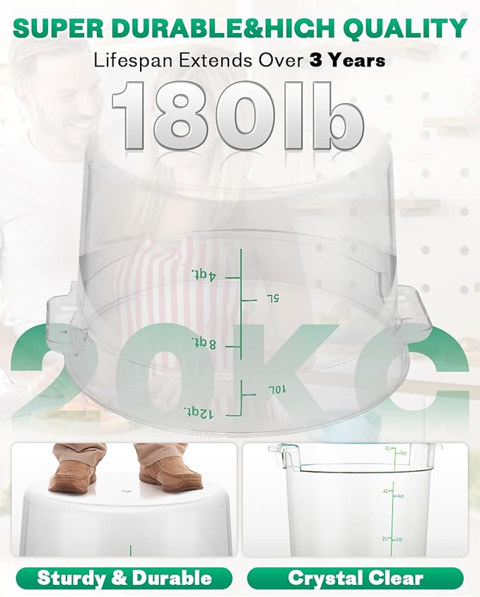 12QT NSF Food Storage Containers: 8 PCS [Food Grade][Hot&Cold Resistant] Commercial Clear Round Food Storage Containers with Scales Handles for Home Restaurant Kitchen Proof Dough(GREEN N)