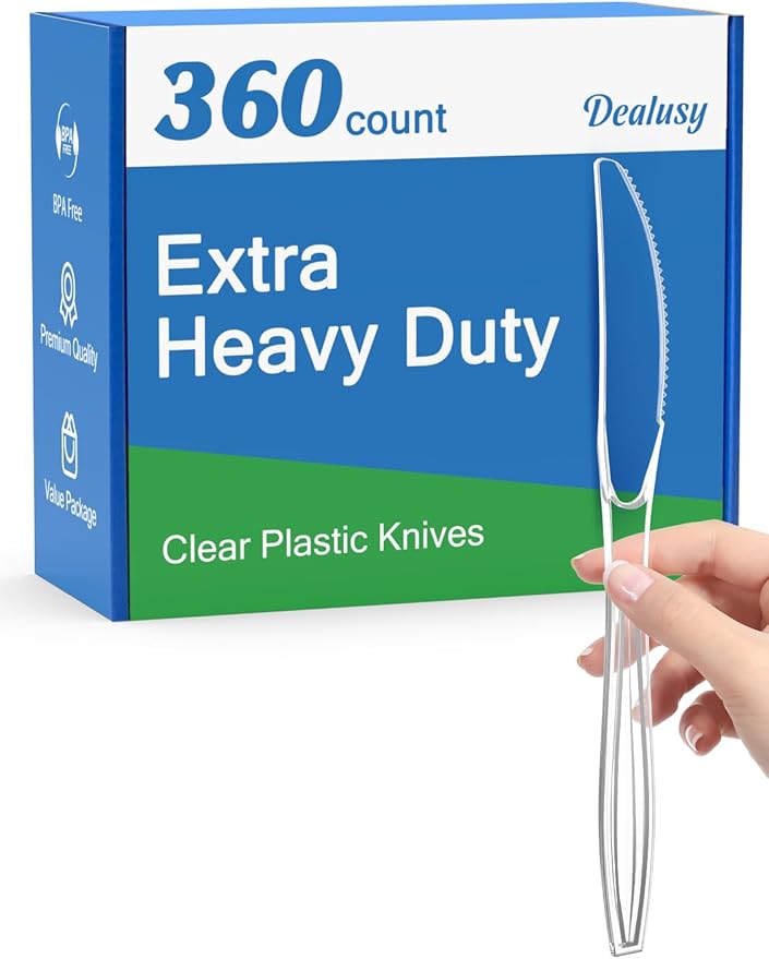 360 Count Extra Heavy Duty Clear Plastic Knives Disposable, BPA-Free, Heat Resistant, Solid and Durable Disposable Knives Bulk, Premium Plastic Knives heavy duty for Party Supply