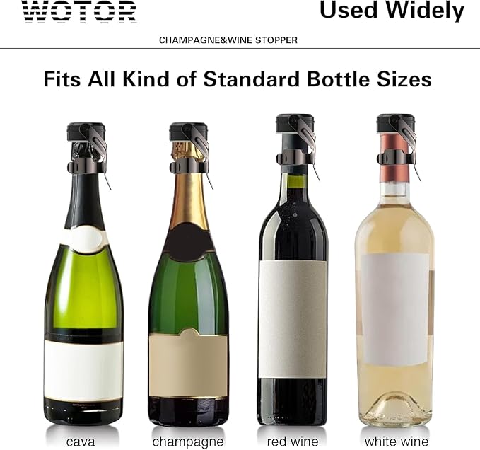 WOTOR Champagne&Wine Bottle Stoppers Stainless Steel with Food Grade Silicone, Leak Proof Keep Fresh Reusable Saver, Cork Suitable for Wine, Champagne, Cava, Prosecco and Sparkling (4 Pack Black）