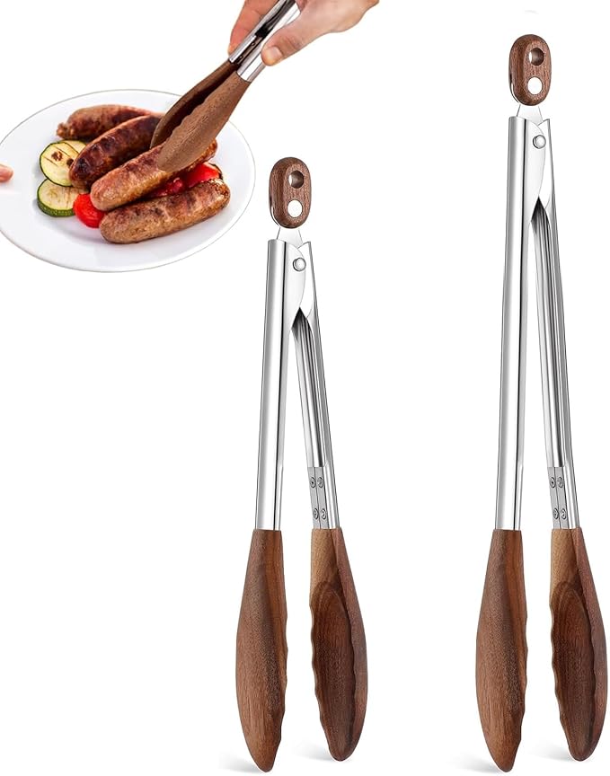 Wooden Tongs for Cooking & Serving Food, Stainless Steel Salad Tongs with Walnut Wood Tip, Anti-Slip Long Handle Wooden Kitchen Tongs Heat Resistant, Smooth Locking & Hanging Cooking Utensils Set of 2