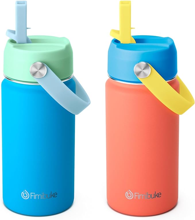 Fimibuke Kids Insulated Water Bottle, 14oz BPA FREE Double Wall Vacuum Tumbler 18/8 Stainless Steel Leak Proof Kids Cups with Straw Metal Water Bottle for School Boys Girls (2 Pack, Ocean Life)