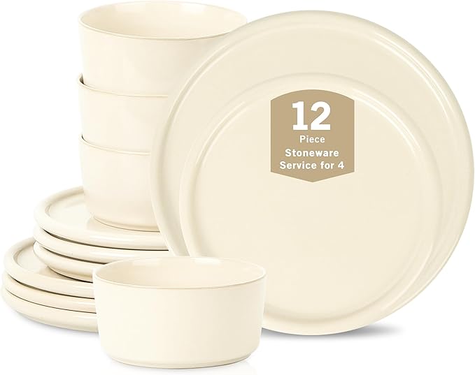 Stone Lain Eden 12-Piece Dinnerware Set Stoneware, Plates and Bowls Set, Dishwasher and Microwave Safe Dish, Dish Set for 4, Beige