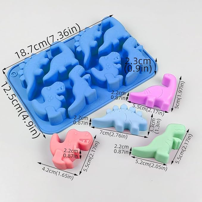 Dinosaur Silicone Gummy Candy Molds - 2Pcs 8-Cavity Soap Dinosaur Molds Shaped with T-rex, Stegosaurus, Triceratops, Brontosaurus, Non-stick and Bpa Free for Chocolate, Soaps, Crayons, Ice Cubes