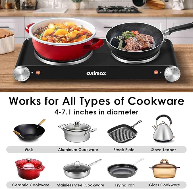 Cusimax Hot Plate for Cooking 1800W Portable Electric Double Burner Countertop Cooktop Cast Iron Stove Heating Plate with 7 Power Levels Adjustable Temp Control, Compatible for All Cookwares