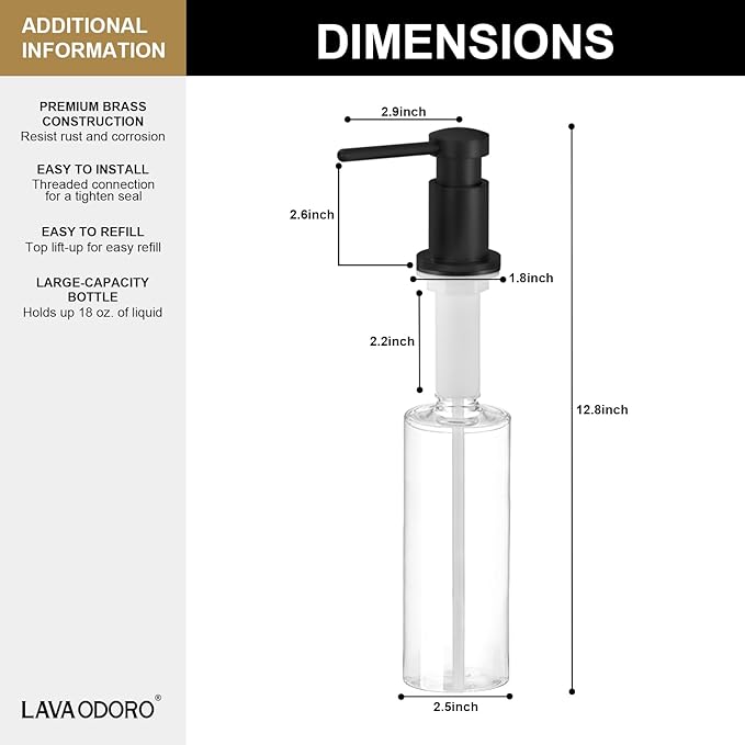 Lava Odoro Black Soap Dispenser for Kitchen Sink, Modern Brass Built in Countertop Pump Dispenser with 18 Oz Refillable Bottle, Kitchen Soap and Lotion Dispenser Spot-Free, Matte Black, KSD-21