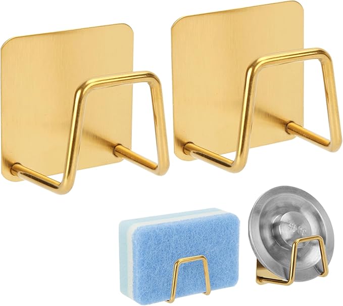 2Pcs Adhesive Sponge Holder for Kitchen Sink Essentials, Stainless Steel Dish Soap Holder, Rustproof and Waterproof, Quick Drying, Minimal Size Saves Space, Gold