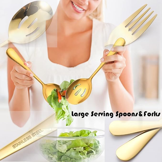 10 PCS Stainless Steel Serving Utensils, Large Serving Spoons Slotted Spoons, Serving Forks, Serving Tongs, Ice Suger Tongs, Metal Utensils Set Great for Buffet Catering Banquet Party (Gold)