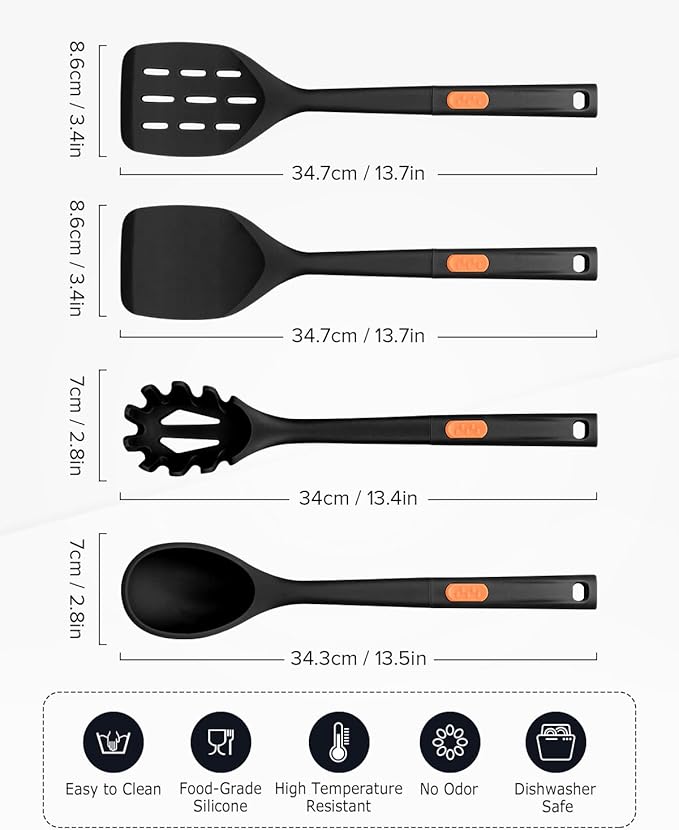 Silicone Spatulas and Spaghetti Spoons, 4 Pack Heat Resistant Full Silicone Cooking Utensils Set, Non Stick Large Kitchen Spatula Spoons for Cooking, Mixing, Serving, Draining