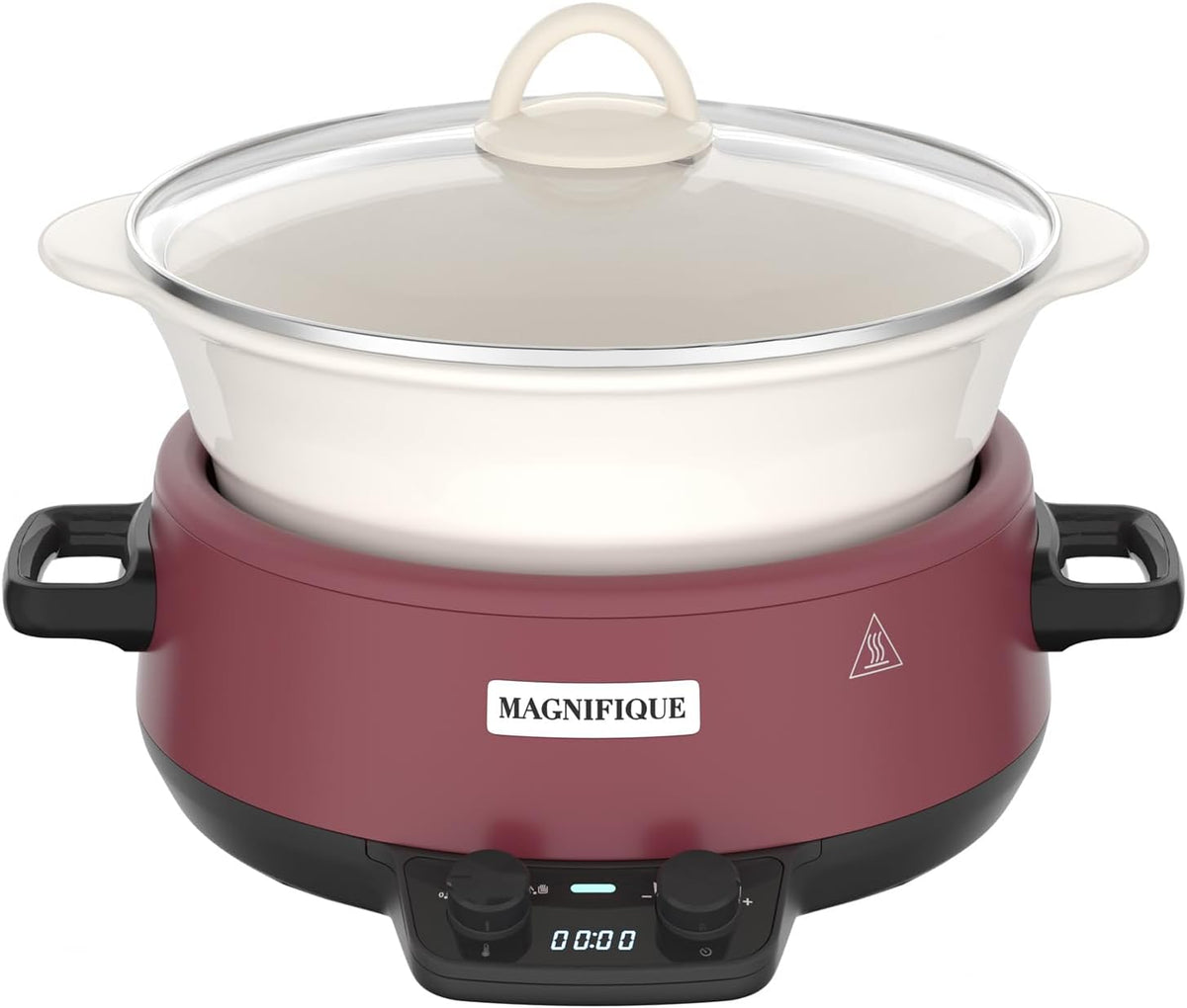 MAGNIFIQUE 5 Quart Programmable Slow Cooker with Auto Warm Setting, Glazed Ceramic Liner, Kitchen Small Appliance for Family Dinners, Red