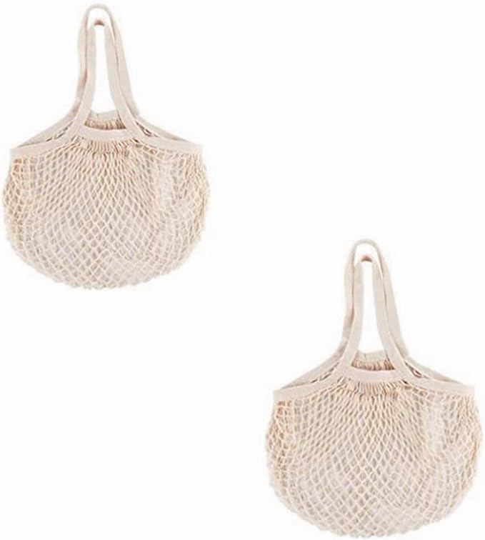 2 Pack Reusable Produce Bags | Mesh Net Washable Long Cotton String Handles for Fruits & Vegetables - Eco-Friendly Breathable Grocery Storage Solution