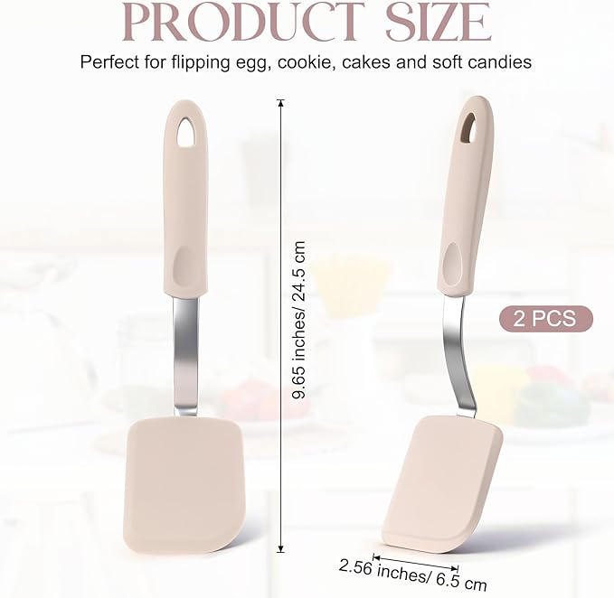 Silicone Cookie Spatula Turner 2 Pack Mini Brownie Spatula Flexible Kitchen Small Silicone Turner for Nonstick Cookware Heat Resistant No Scratch Flipper for Egg Pancake(Khaki)