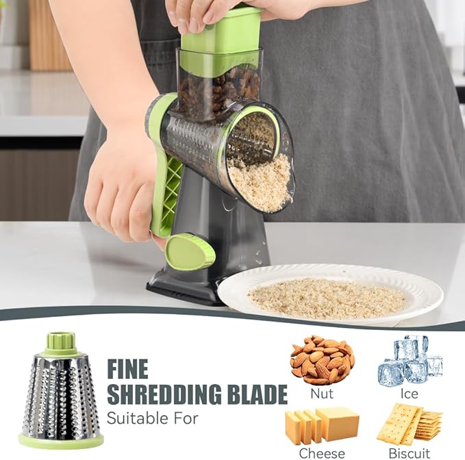 KEOUKE Rotary Cheese Grater Hand Crank Transparent - Shredder Slicer Grinder 3 Stainless Steel Blades, Stable Suction, Labor-Saving Handle, Safe Kitchen Tool for Cheese, Vegetable, Nuts, Chocolate