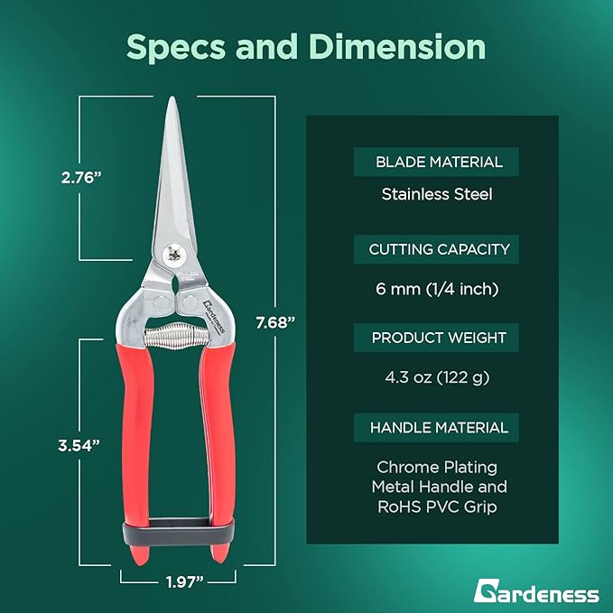 Gardeness Pruning Shear Straight Pruning Snip 2PCS Stainless Steel Florist Scissors, Multi-Tasking Precision Hand Pruner Herb Snips Flower Clippers Bonsai Trimmers Ergonomic Handle Garden shear