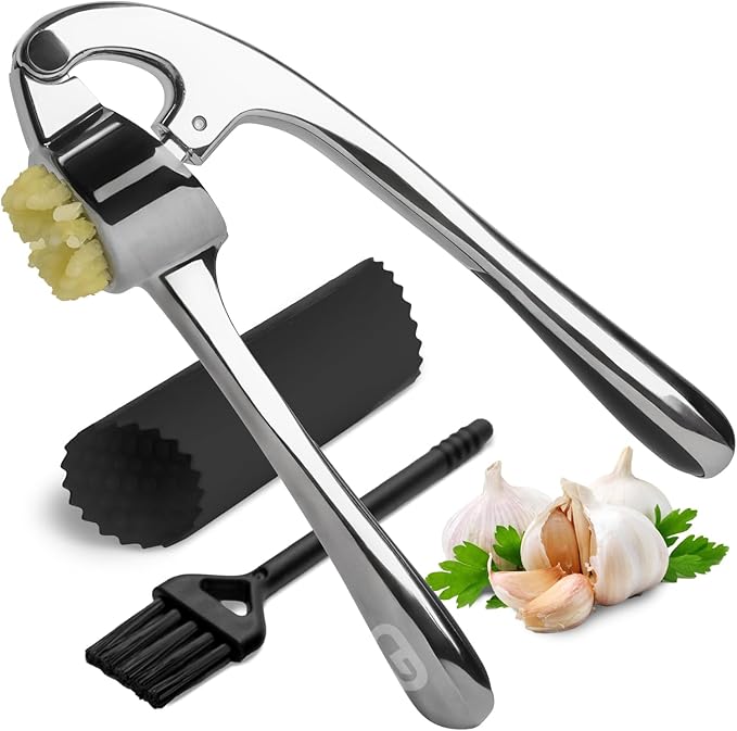 GD Premium Garlic Press Set – Rust-Proof Stainless Steel Garlic Mincer Tool – Easy-Squeeze, Easy-Clean with Soft Ergonomic Handle – Dishwasher Safe, Includes Silicone Peeler & Brush (Imperial Silver)