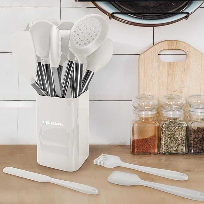 Kitchen Utensil Set-Silicone Cooking Utensils-33 Kitchen Gadgets & Spoons for Nonstick Cookware-Silicone and Stainless Steel Spatula Set-Best Kitchen Tools, Useful Pots (Cream White)