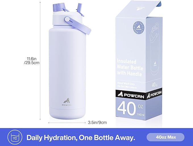 POWCAN 40 oz Insulated Water Bottle with 2-in-1 Straw and Spout Lid, Keep Cold 24H, Leak-Proof, BPA-Free, Double Wall Stainless Steel Water Bottle for Sports, Gym, Travel, and School (Lupine)