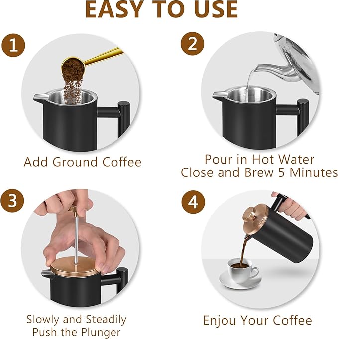 Black Stainless Steel French Press Coffee Maker, Double Wall Insulated French Press,for Coffee&Tea,with 3 Extra Screens and a Coffee Spoon,34oz/1000ml,Gold