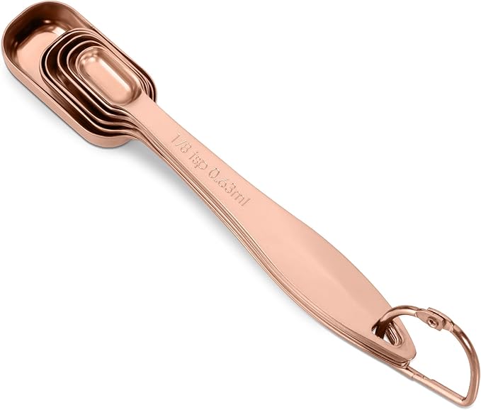Accurate 18/8 Stainless Steel Measuring Spoons, Heavy Duty Good Handle Set of 6 Measuring Spoon with Ring Connector, Rose Gold