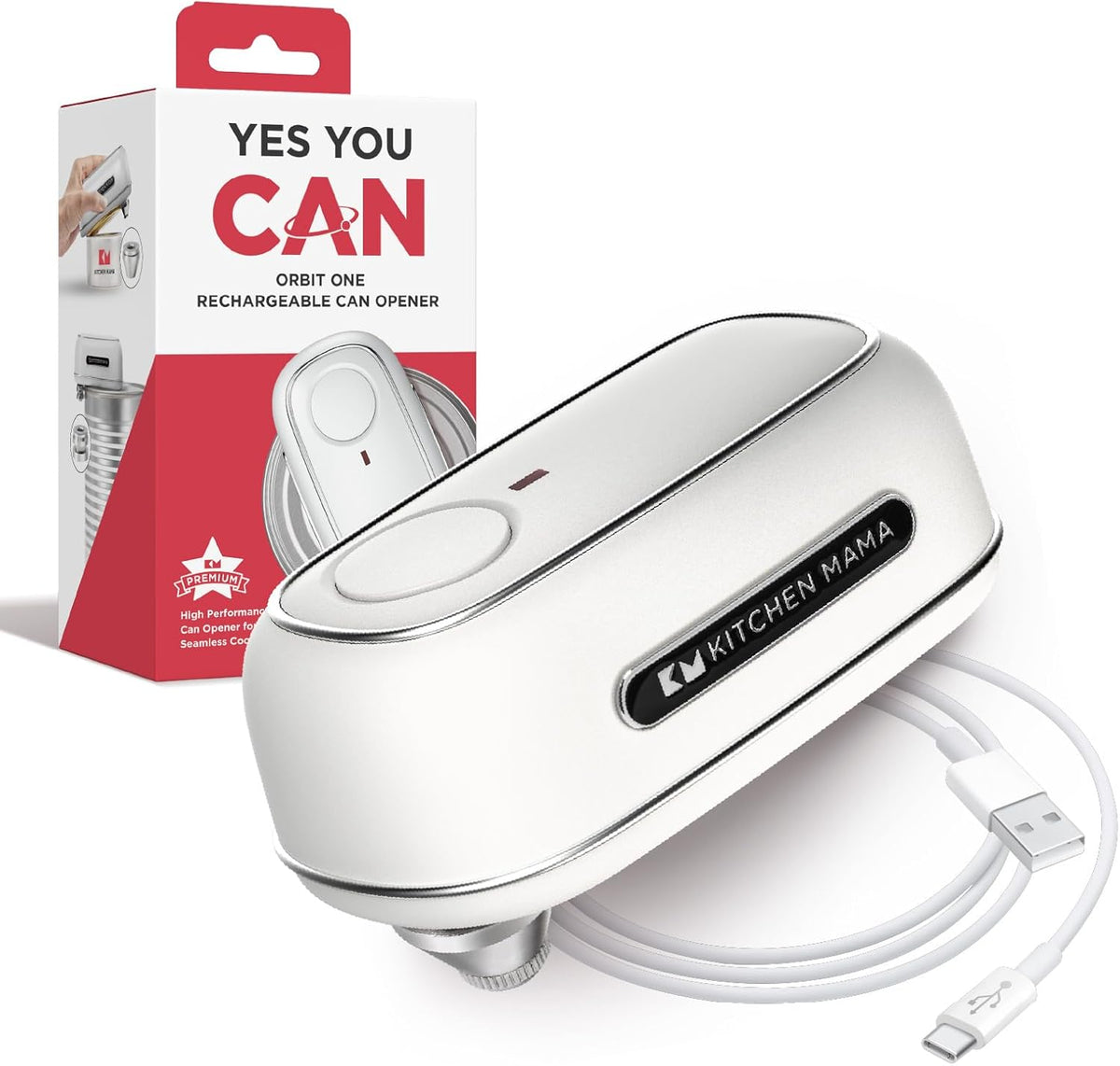 Kitchen Mama Orbit One Rechargeable Electric Can Opener: Hands-free, USB-C Charging, Automatic Stop, Smooth Edge, Safety, Blade for Large Cans, Heavy Duty, Soda and Pop Can, with Storage Box (White)