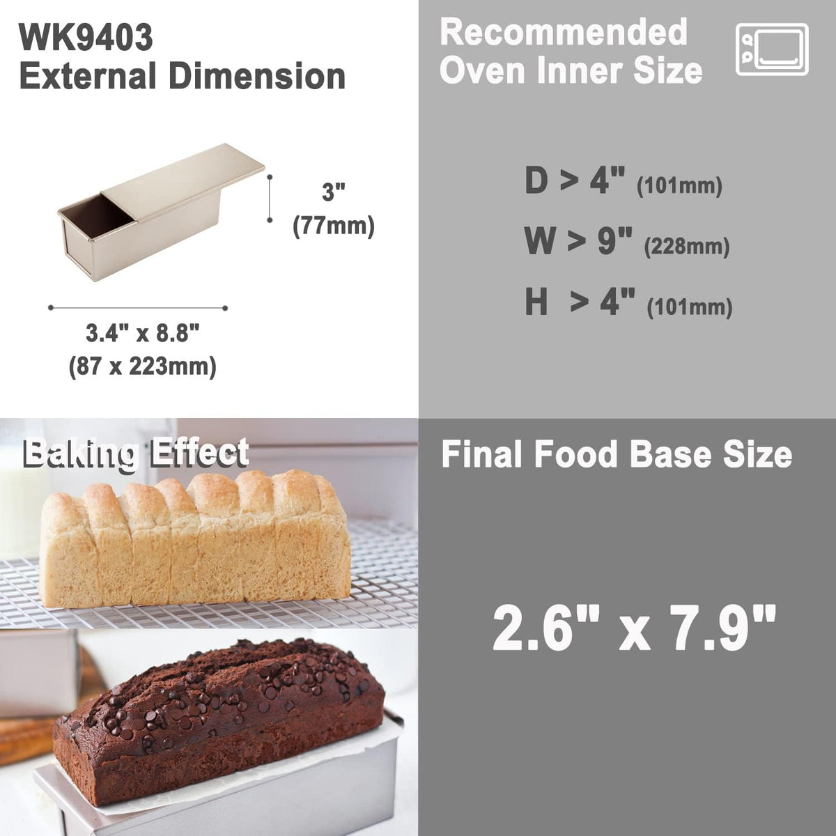 CHEFMADE Mini Pullman Loaf Pan with Lid, 0.66Lb Dough Capacity Non-Stick Rectangle Flat Toast Box for Oven Baking 2.8" x 8.1"x 2.8"(Champagne Gold)