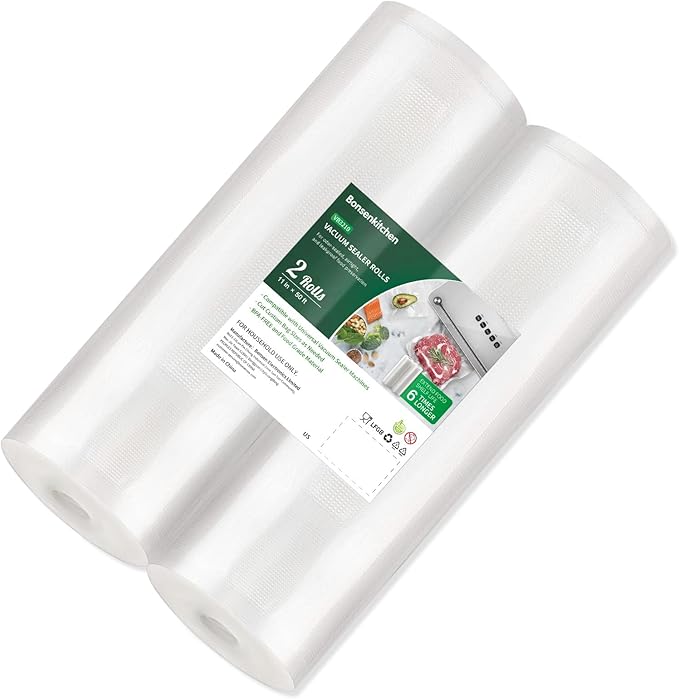Bonsenkitchen Vacuum Sealer Bags, 11 in x 50 ft Rolls 2 Pack Seal Bags for Food Storage Saver, BPA Free, Commercial Grade Textured Food Roll Bags, Customized Size Bag for Sous Vide Cooking,VB3210