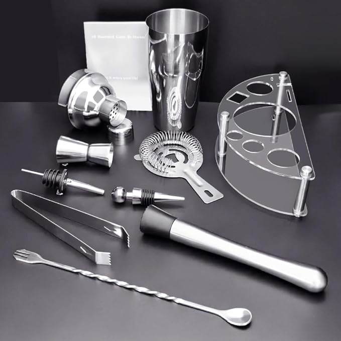 9Pcs/Set Cocktail Shaker Set with Stand, 750ml (25oz) Cocktail Shaker Bartender Kit: Bar Tool Set, Drink Mixing Includes Shakers Strainer Jigger Bar Mixer Spoon Muddler Pourer Bottle Stopper (Silver)
