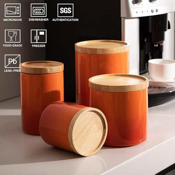 Sweejar Ceramic Food Storage Jar, Stackable Kitchen Canisters, Containers with Airtight Seal Wooden Lid for Serving Ground Coffee, Tea, Sugar, Salt and More - 16 Fl Oz (Gradient Orange)