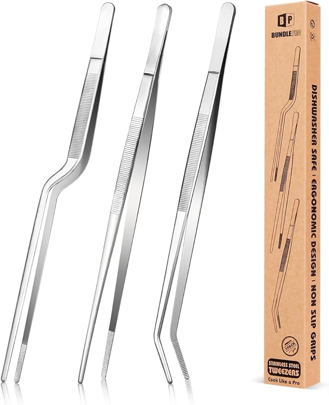 Fine Cooking Tweezers Set, Professional Stainless Steel Food Tongs, Kitchen Black Long Chef Tweezer for Cooking, Plating, Decorating and BBQ (SILVER, 10 inch)