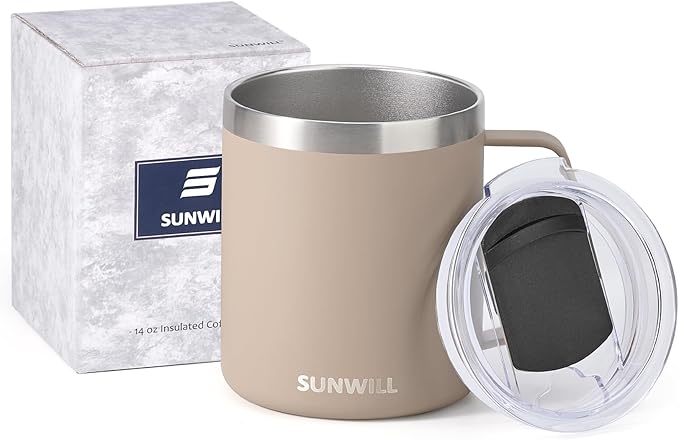 SUNWILL Travel Coffee Mug with Lid, Insulated Tumbler with Handle, 14oz Stainless Steel Cup for Camping, Office, Home, Powder Coated Taupe