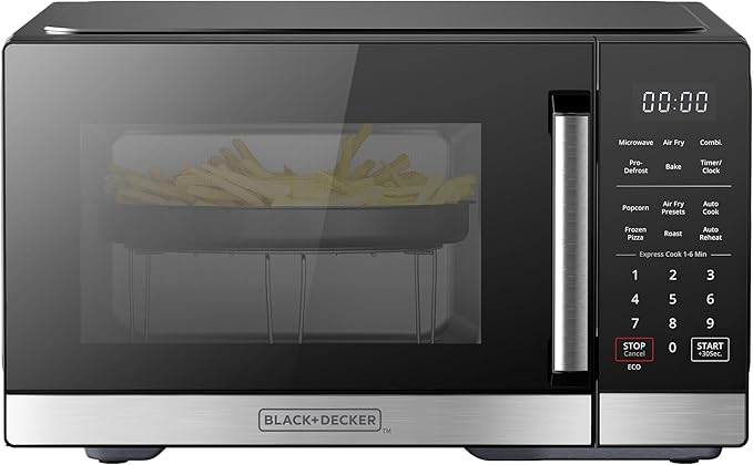 BLACK+DECKER 5-in-1 Microwave Oven with Air Fry, Combi, Bake, Roast, and Convection Cooking, 0.9 cu. ft. Countertop Microwave, Stainless Steel, 900 Watts, Child-Lock, ES9P032NA