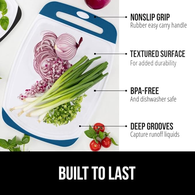 GORILLA GRIP BPA-Free Reversible Kitchen Cutting Board Set of 3, US Designed, Nonporous, Juice Grooves Catch Liquid, Slip Resistant Border, Dishwasher Safe, Durable Large Food Chopping Boards, Blue