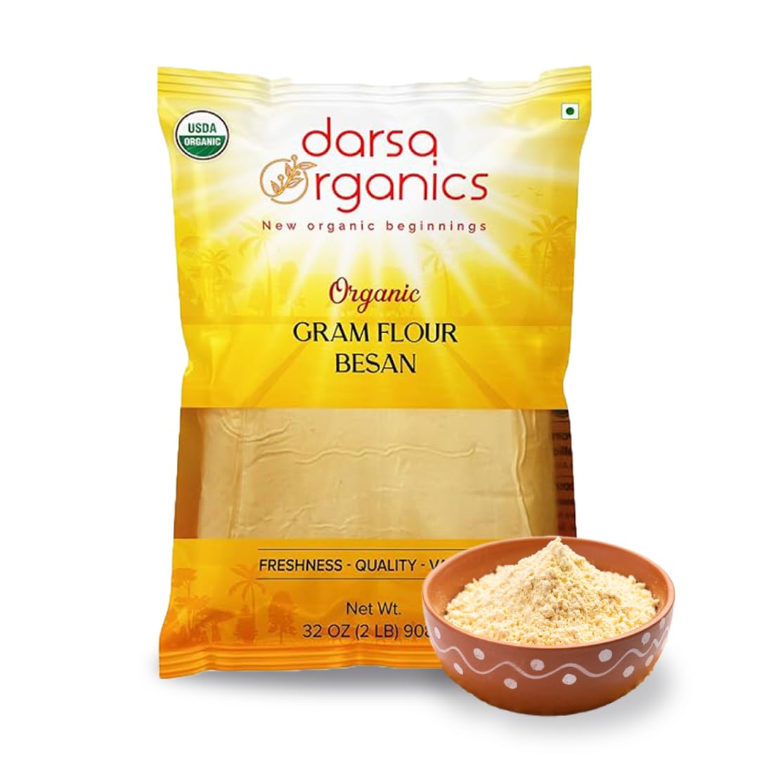 Darsa Organics Gram Flour - 2 lb Besan Flour, USDA Organic, Chemical Free, Non-GMO, Kosher, Premium Chickpea Flour for Cooking & Skin Care, Ideal for Gluten Free Diets & Face Masks