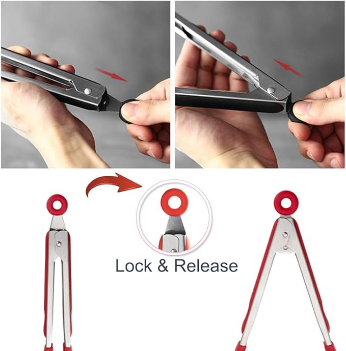 Cooking Tongs 9 inches and 12 inches Stainless Steel Kitchen Silicone Serving Tong Heat Resistant Meat Turner Spatula Tong Fish Tongs with Locking Handle Joint (Red)