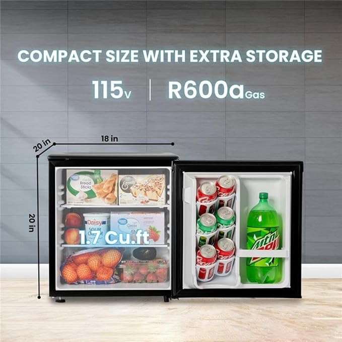 ROOMWELL E-Star 1.7 Cu Ft Mini Fridge for Office, Compact Black Small Refrigerator Without Freezer Automatic Defrost With Integrated Door Handle, 37 dB Countertop Fridge Quite, Ideal for Bedroom, Dorm