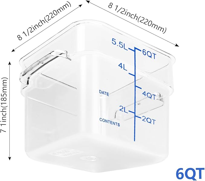 4 Pack Food Storage Containers with Blue Lids, 6.0 Qt - Square, Clear, Polycarbonate
