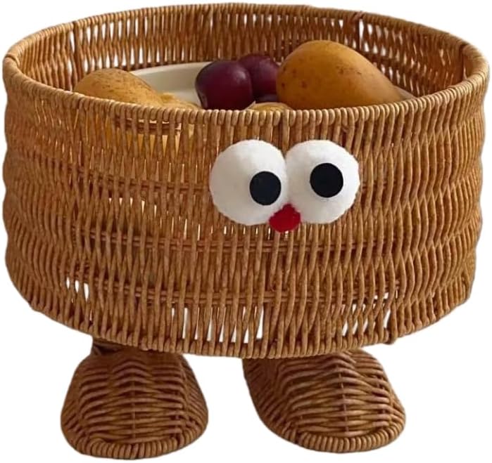 hand-woven round rattan basket storage basket storage box ornaments decorative basket multifunctional picnic food bread basket fruit gift basket key basket. (cartoon)