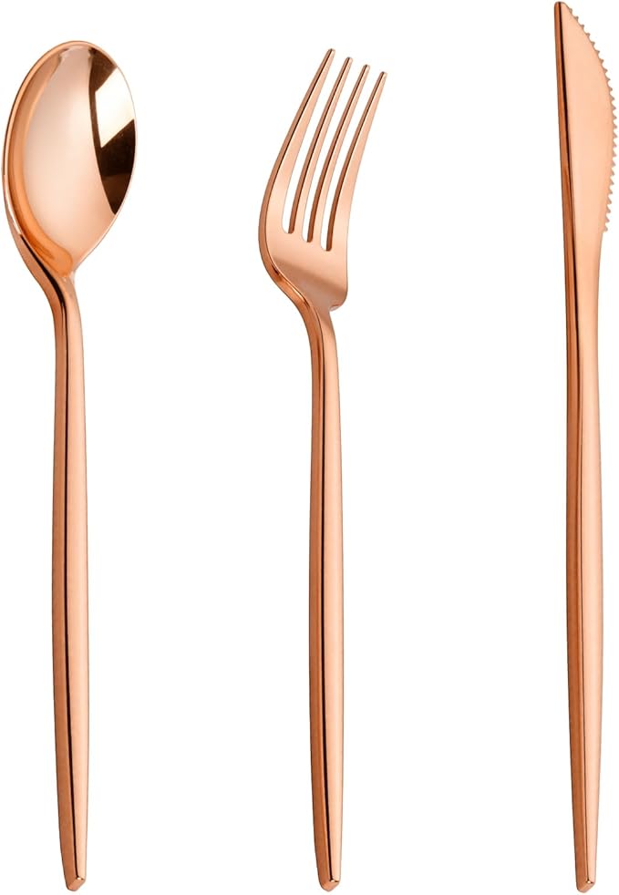 PULOTE 150PCS Rose Gold Plastic Silverware Set - Heavy Duty Rose Gold Utensils - Plastic Cutlery Disposable - Include 50 Forks, 50 Knives, 50 Spoons for Party & Wedding