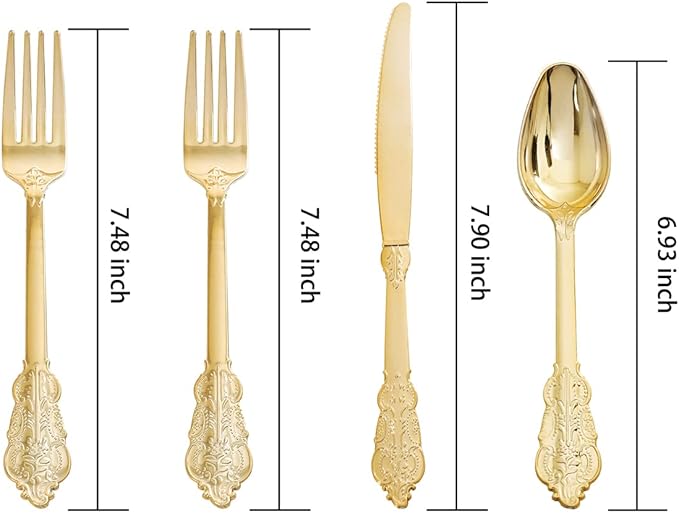WDF 200 Pieces Gold Plastic Silverware Disposable - 50 Guests Heavy Duty Thanksgiving Gold Plastic Cutlery - Disposable Utensils Includes 100 Forks, 50 Spoons, 50 Knives Perfect for Party/Weeding