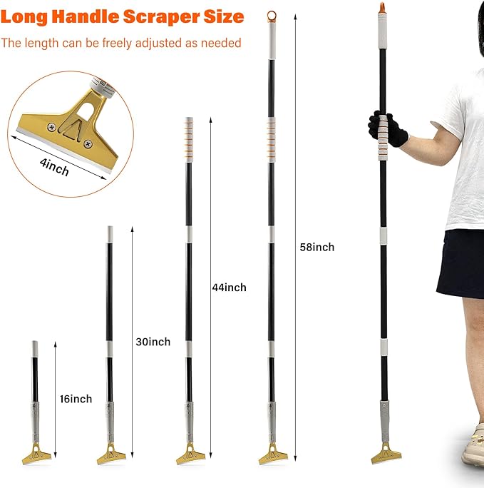 Gomake 4" Wide Razor Blade Scraper Tool with Adjustable 16''-58"(1.3ft -4.8ft) Long Handle, 20PCS Extra Metal Blades, Cleaning Glass Wall Scraper, Painting stripping tools, Tile, Floors, Walls