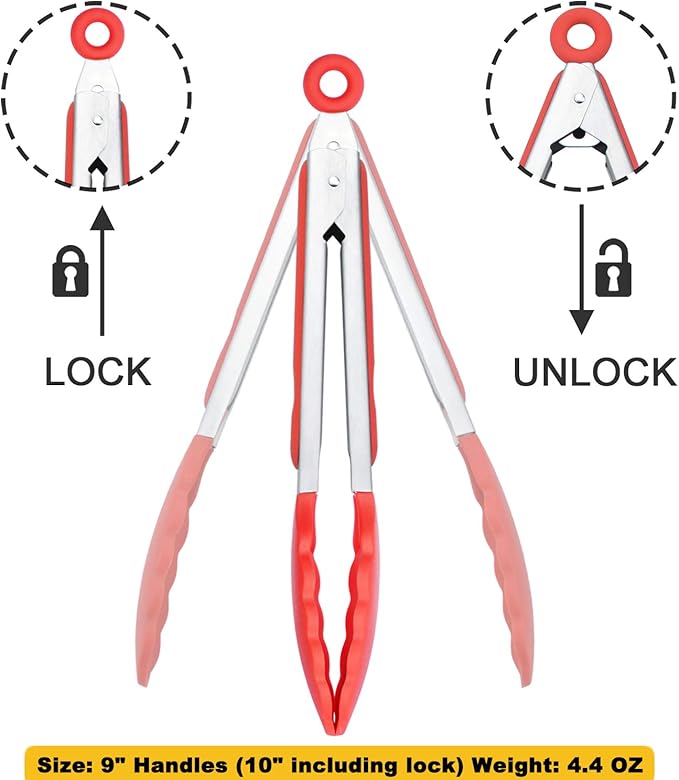 Silicone Cooking Tongs 9-Inch Serving Tongs, Set of 3 (Red)