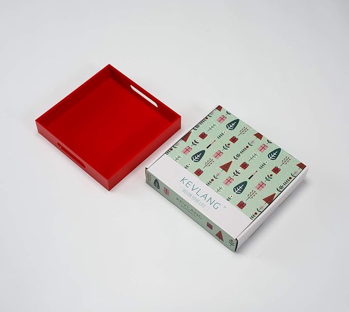 Sturdy Red Acrylic Serving Tray with Handles - 10x10Inch, Coffee/Appetizer/Butler Tray - Kitchen Countertop & Vanity Table Organizer