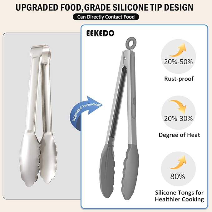 Kitchen Tongs, Set of 3 Stainless Steel Tongs with Silicone Tips Locking Cooking Tongs 600ºF Heat Resistant Tong for Cooking BBQ Grilling Air Fryer Serving Food Salads, 7"+9"+12" Light Grey