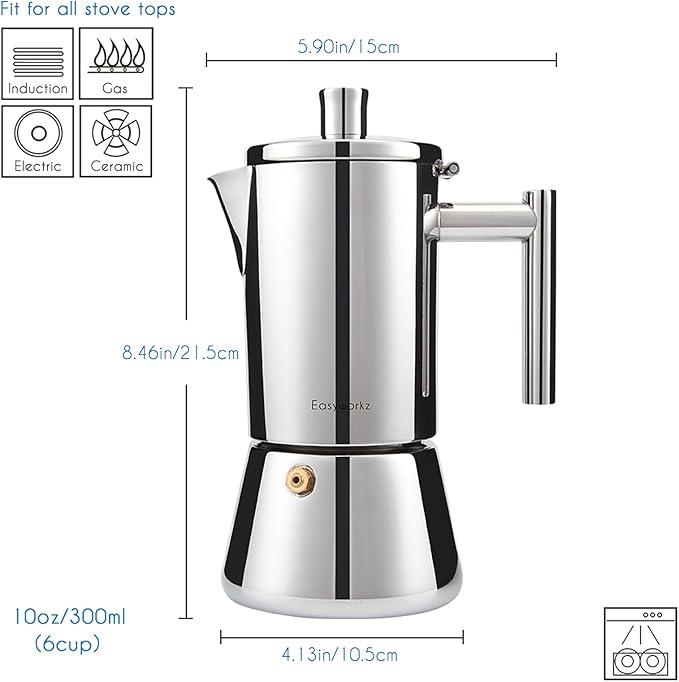 Easyworkz Diego Stovetop Espresso Maker Stainless Steel Italian Coffee Machine Maker 6Cup 10 oz Moka Pot Induction Espresso Pot
