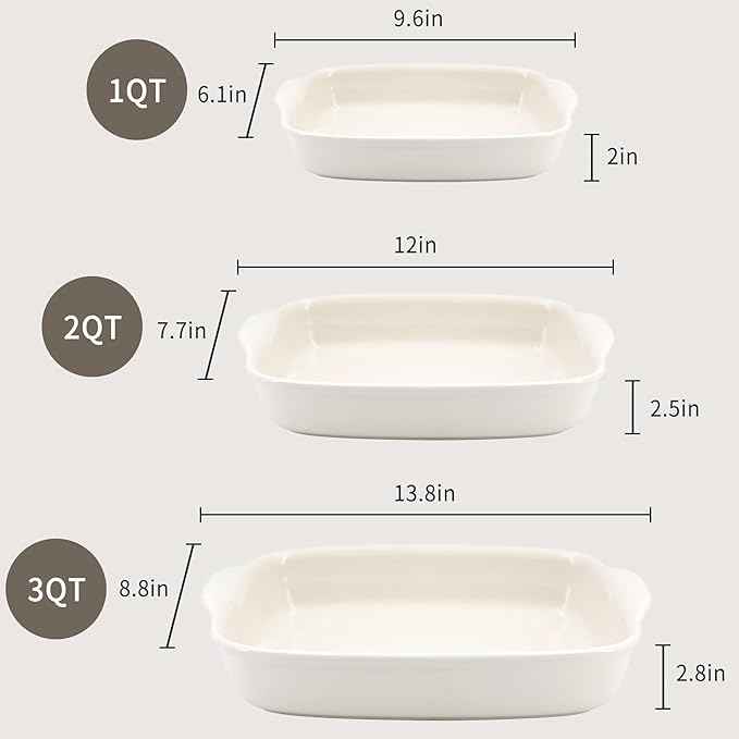 3-Pack Ceramic Baking Dishes Set,Heavy-Duty Oven-Safe Stoneware,Deep Rectangular Casserole Pans for Lasagna & Baking,High Heat Resistant,Handcrafted Glazed Finish (13.8''/12''/9.6'' Pure Off-White)